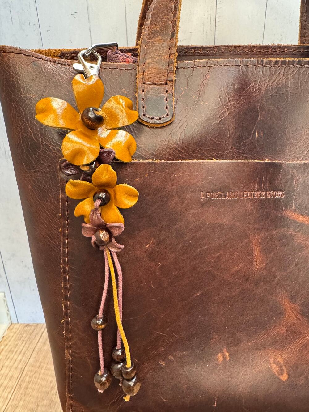 Plumeria Flower Bag Charm Genuine Leather Flower Bag Charm Brown Flower Charm